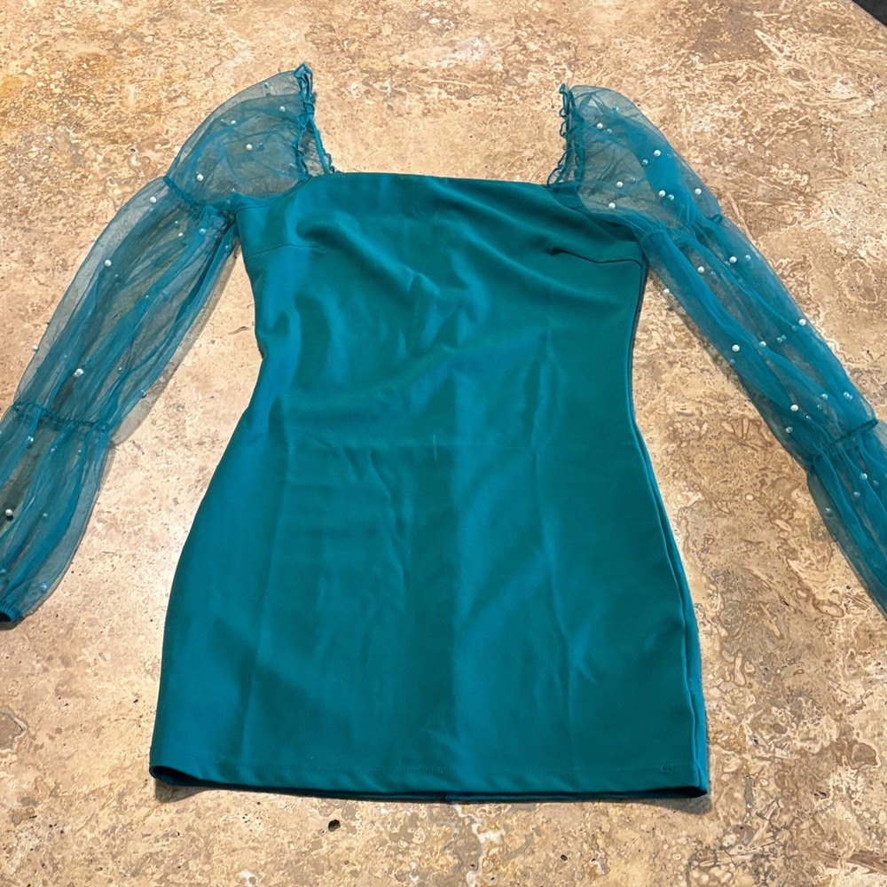 Chic Teal Long Sleeve Dress with Sheer Accents